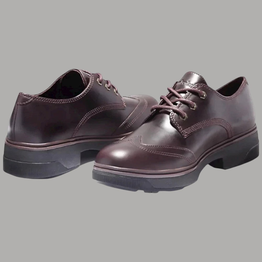 Scarpe Oxford da donna in pelle pieno fiore bordeaux, con lacci e tacco basso