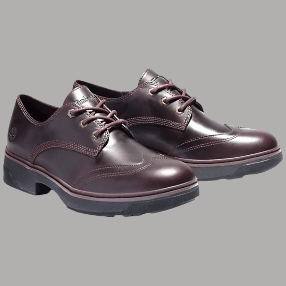 Scarpe Oxford da donna in pelle pieno fiore bordeaux, allacciate, tacco basso 3,5 cm