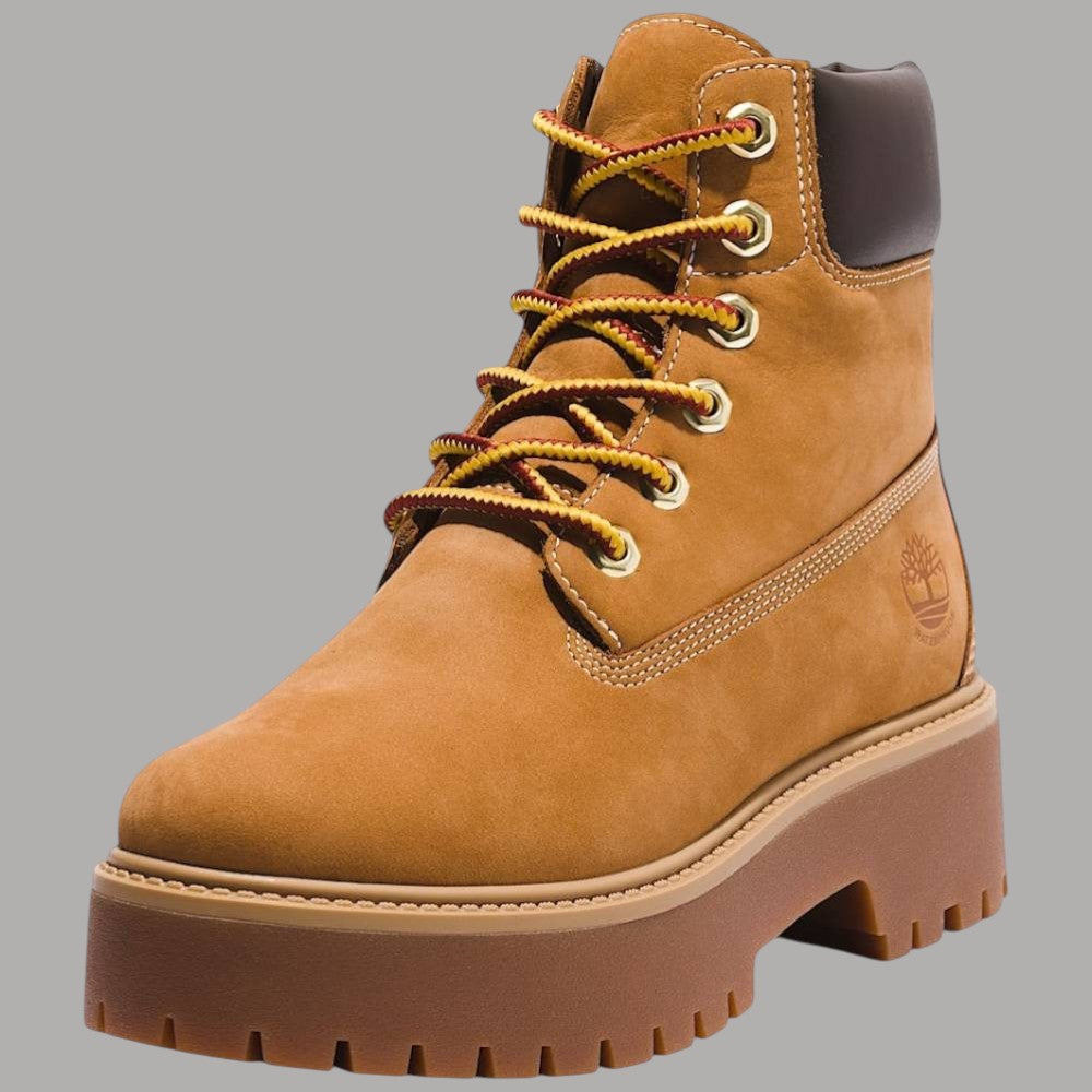 Stivale donna impermeabile giallo, lacci multicolore e tacco chunky con suola scanalata