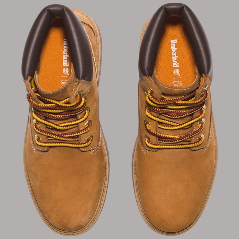 Stivale donna impermeabile giallo, interno della scarpa con fodera e logo sul colletto