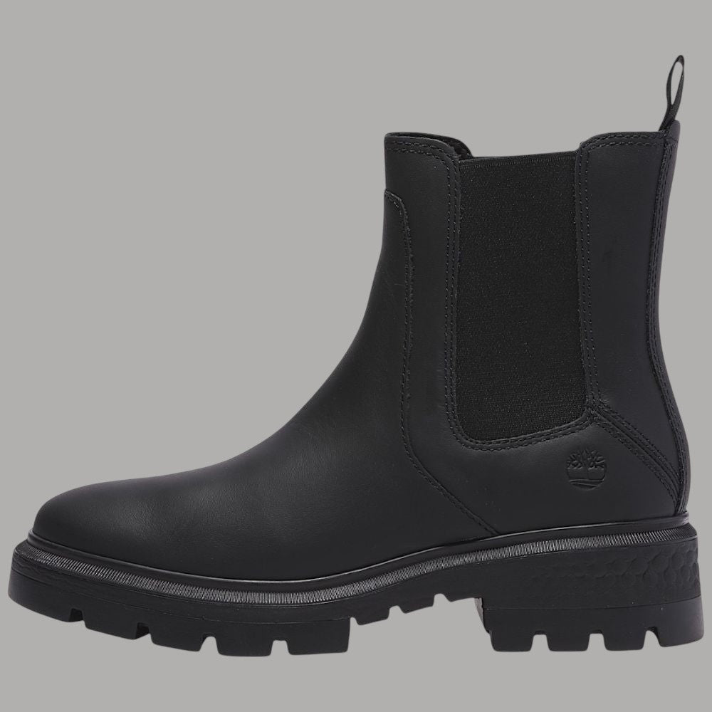 Stivaletto Chelsea Timberland in pelle nera con logo sul lato e suola carrarmato