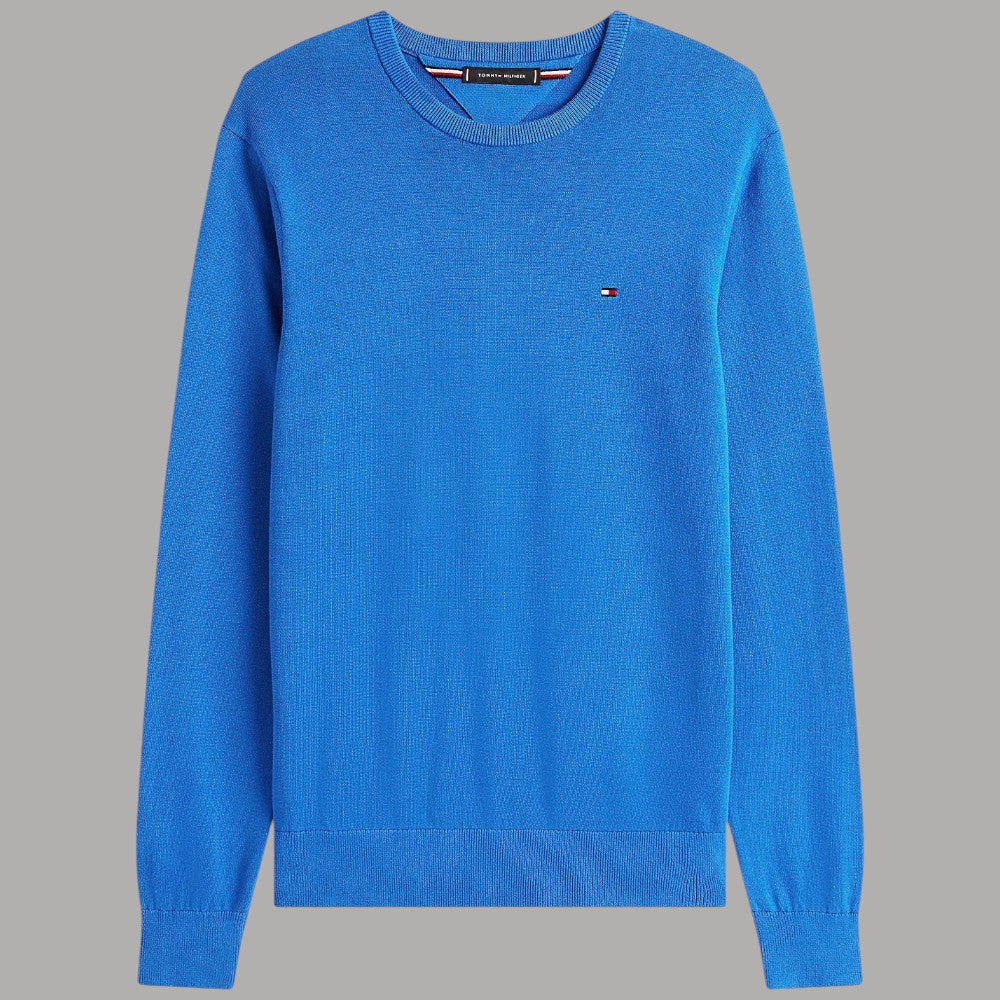 Maglione in cotone azzurro piatto, girocollo a costine e bandierina ricamata