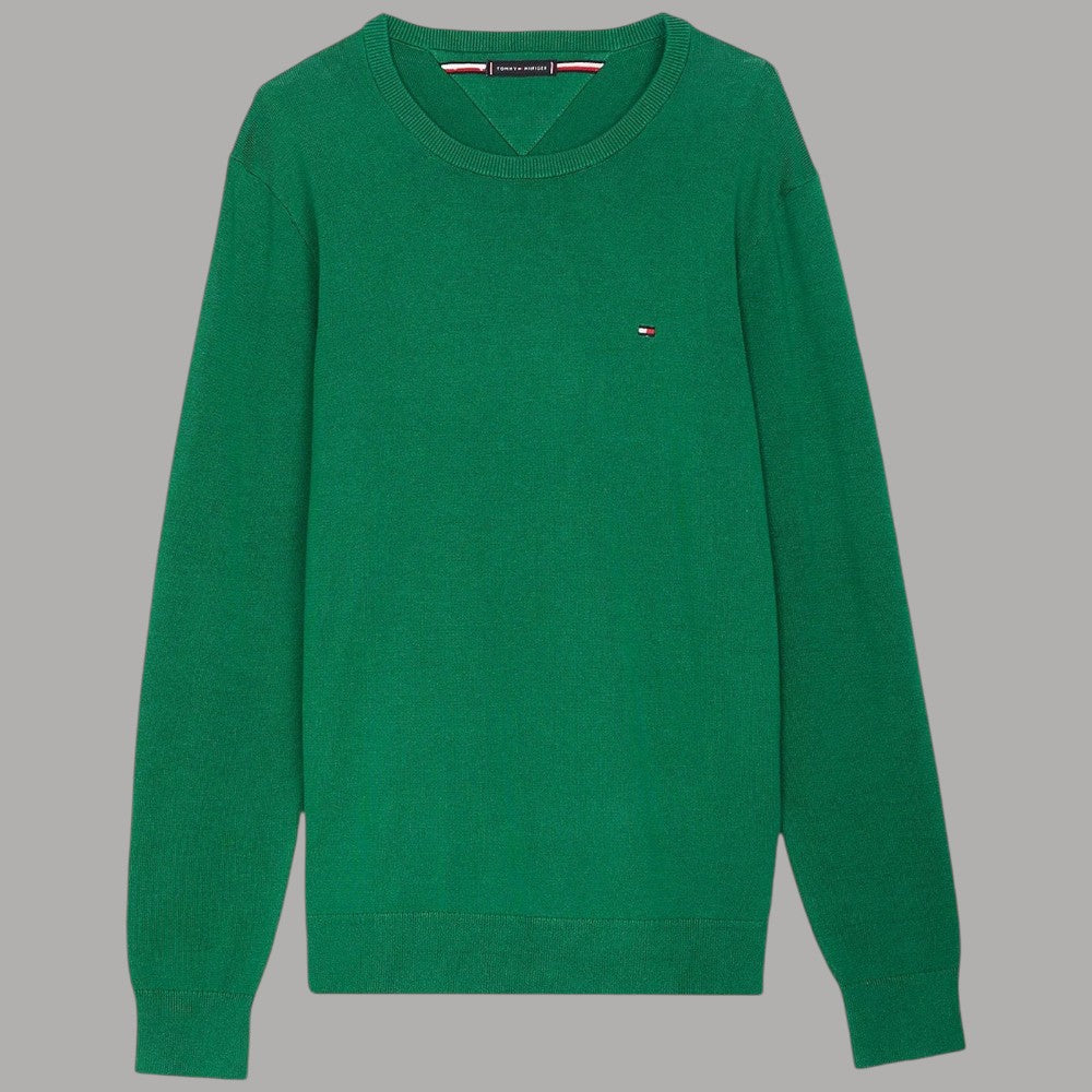 Maglione in cotone verde piatto, girocollo a costine e bandierina ricamata