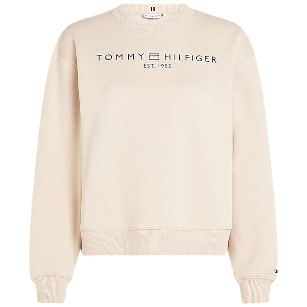 Felpa beige da donna con logo Tommy Hilfiger sul petto e costine su polsini.