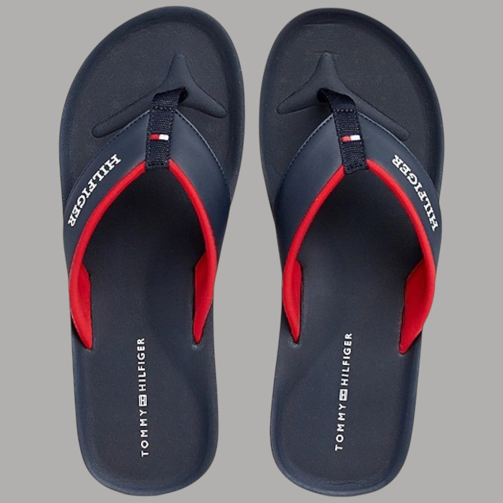 Infradito blu Tommy Hilfiger con inserti rossi e scritte sul plantare