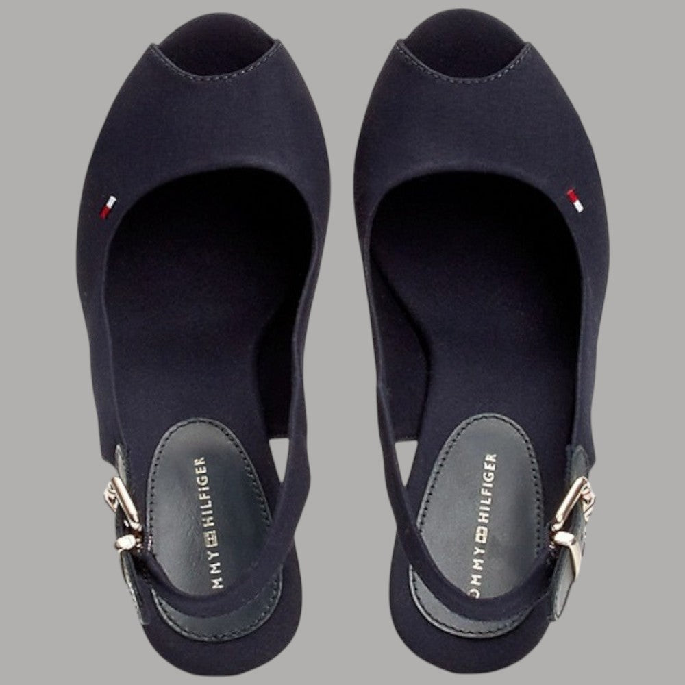 Sandali con zeppa alta blu e cinturino slingback, fibbia metallica