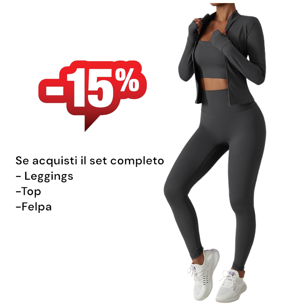 Leggings sportivi scuri con top e felpa, promo 15% su set completo