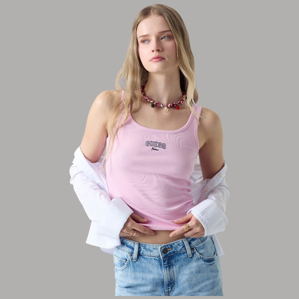 Top Guess GJ Canotta a Coste in Cotone con Logo Ricamato - Prodotti di Classe