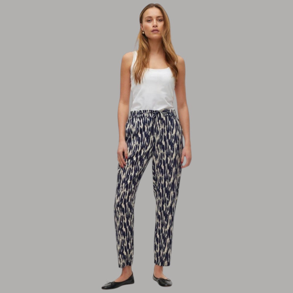 Pantaloni in viscosa con stampa blu e crema, vita elasticizzata, gamba affusolata