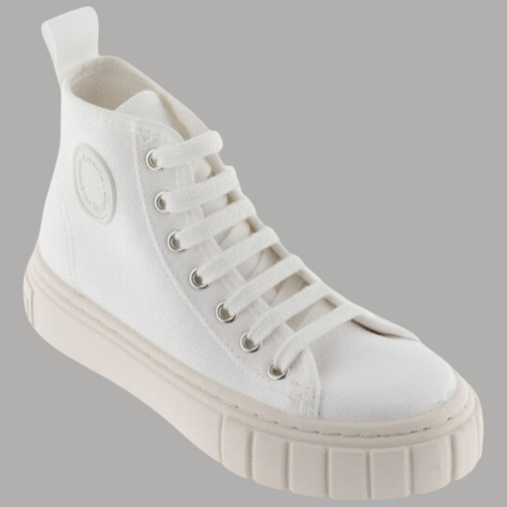 Scarpa alta in tela bianca con lacci e suola spessa 3 cm