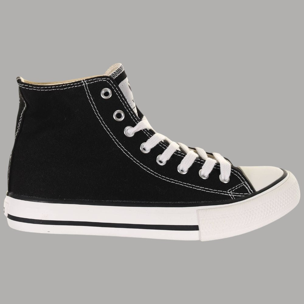 Scarpe alte donna Victoria Tribu nere in cotone, lacci bianchi, suola in gomma