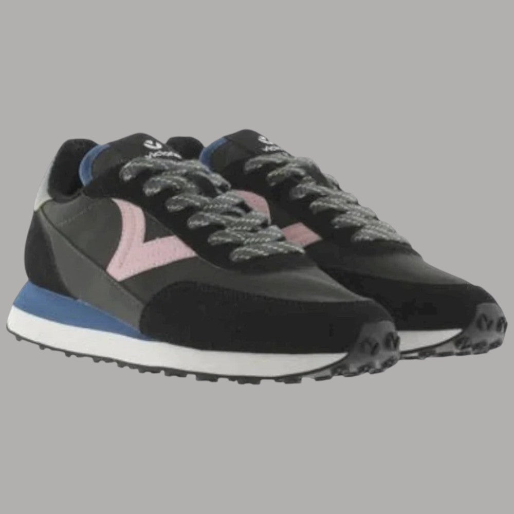 Sneaker Victoria Astro da donna nere in nylon, lacci neri, suola antiscivolo, dettagli rosa e blu