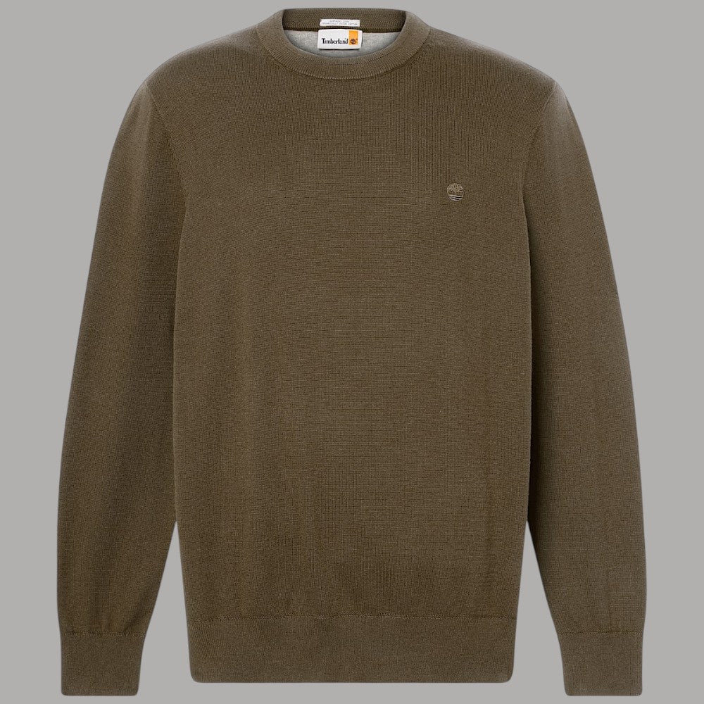 Maglione girocollo oliva a maniche lunghe, logo sul petto, capo in maglia.