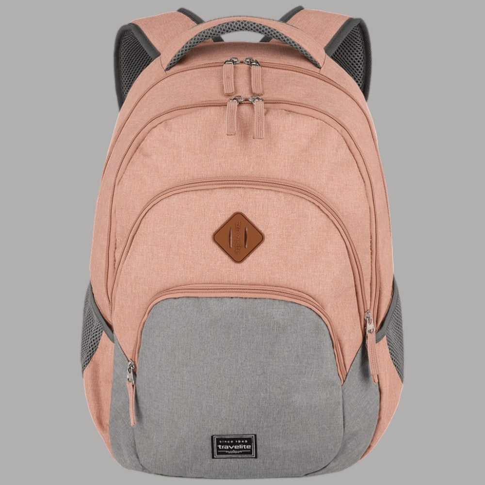 Zaino rosa con pannello frontale grigio scuro, tasca con zip e logo in rilievo