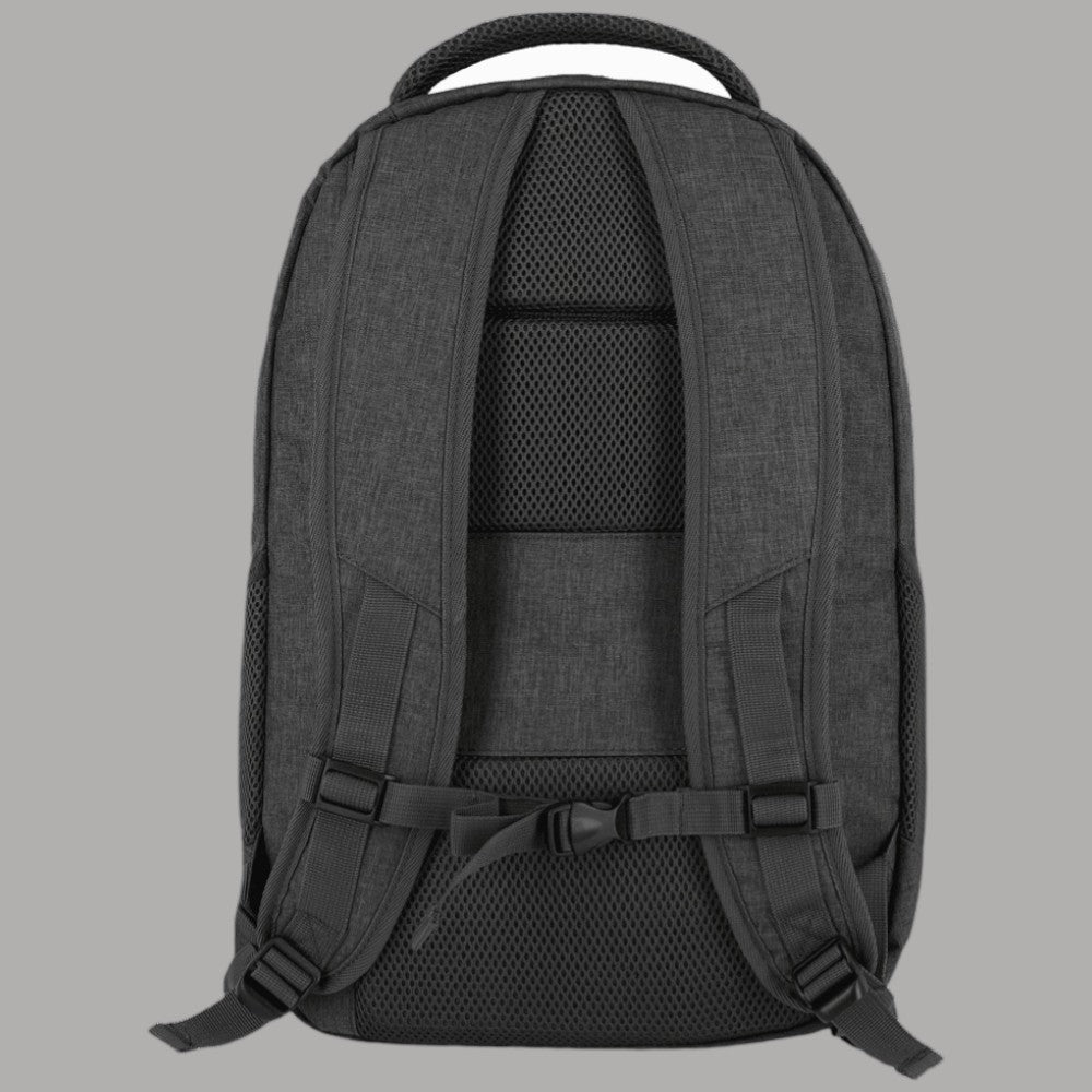 Zaino Travelite melange grigio scuro, schienale con rete e cinghie regolabili.