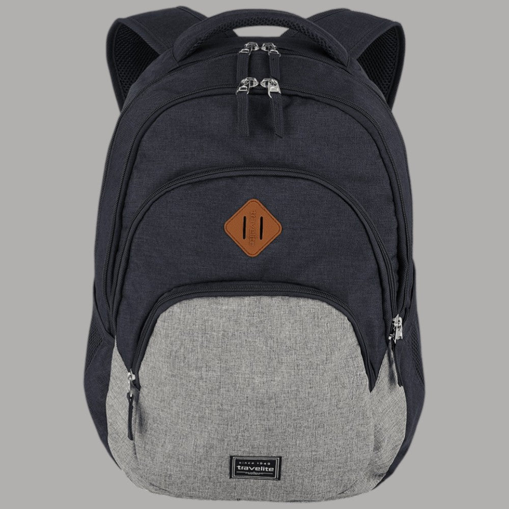 Zaino Travelite melange blu scuro, tasca frontale bicolore con zip doppia.
