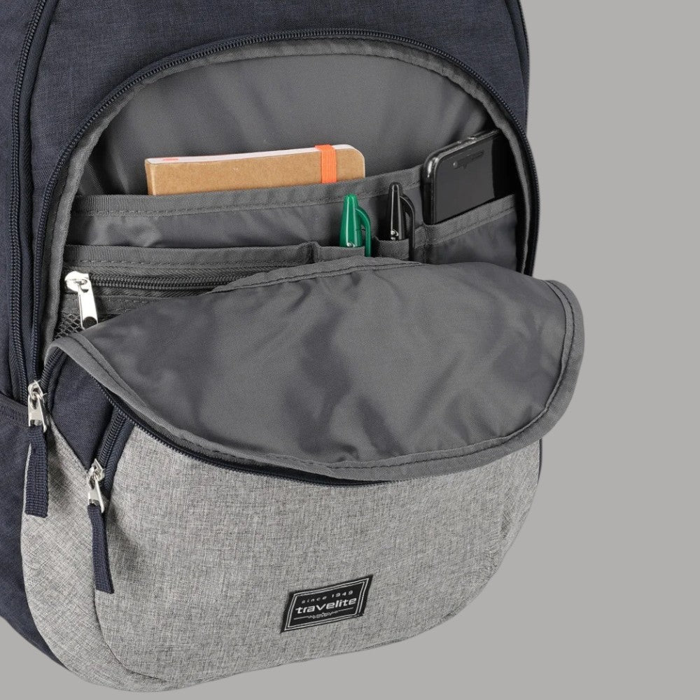 Zaino grigio con tasca laterale aperta e organizer interno, zip metalliche