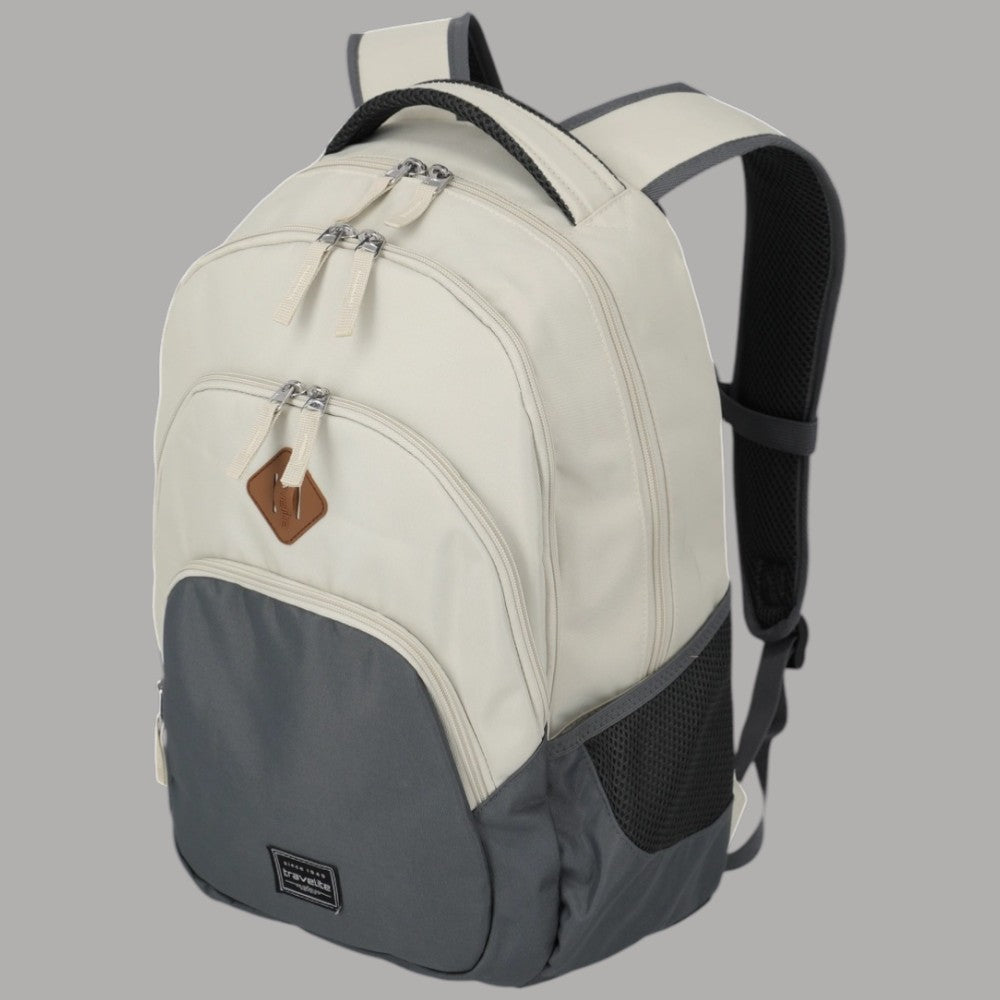 Zaino Travelite melange beige e nero, tasche frontali con zip, tracolla regolabile.