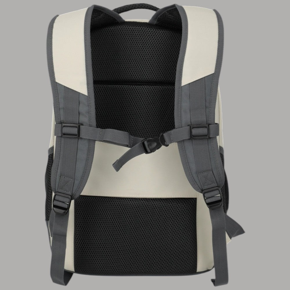 Zaino Travelite melange beige e nero, schienale imbottito con rete e spallacci.