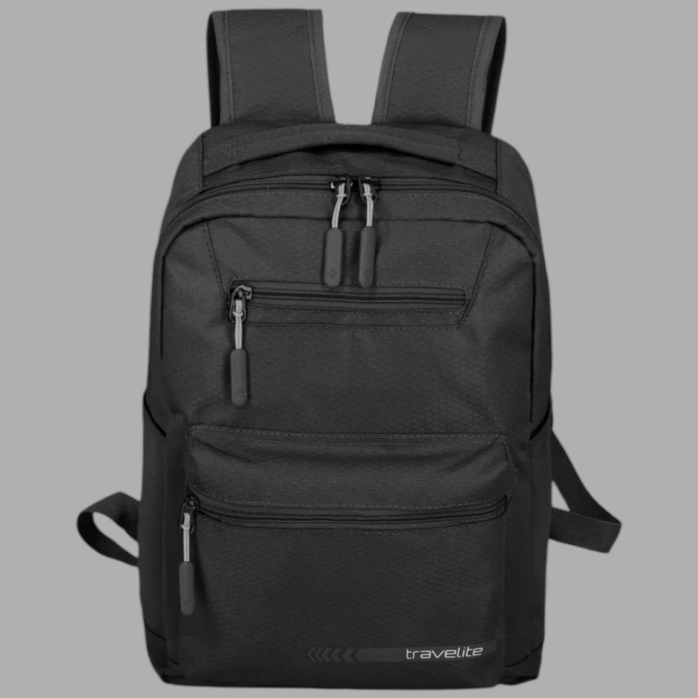 Zaino Travelite Kick Off M nero frontale con maniglia superiore e tasche con zip