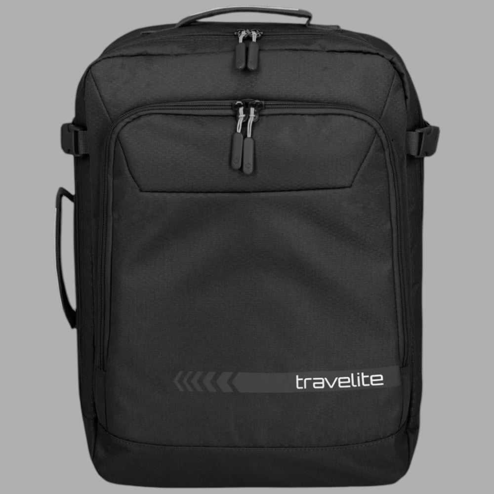 Zaino Travelite nero con tasca frontale e zip, manico superiore e logo travelite