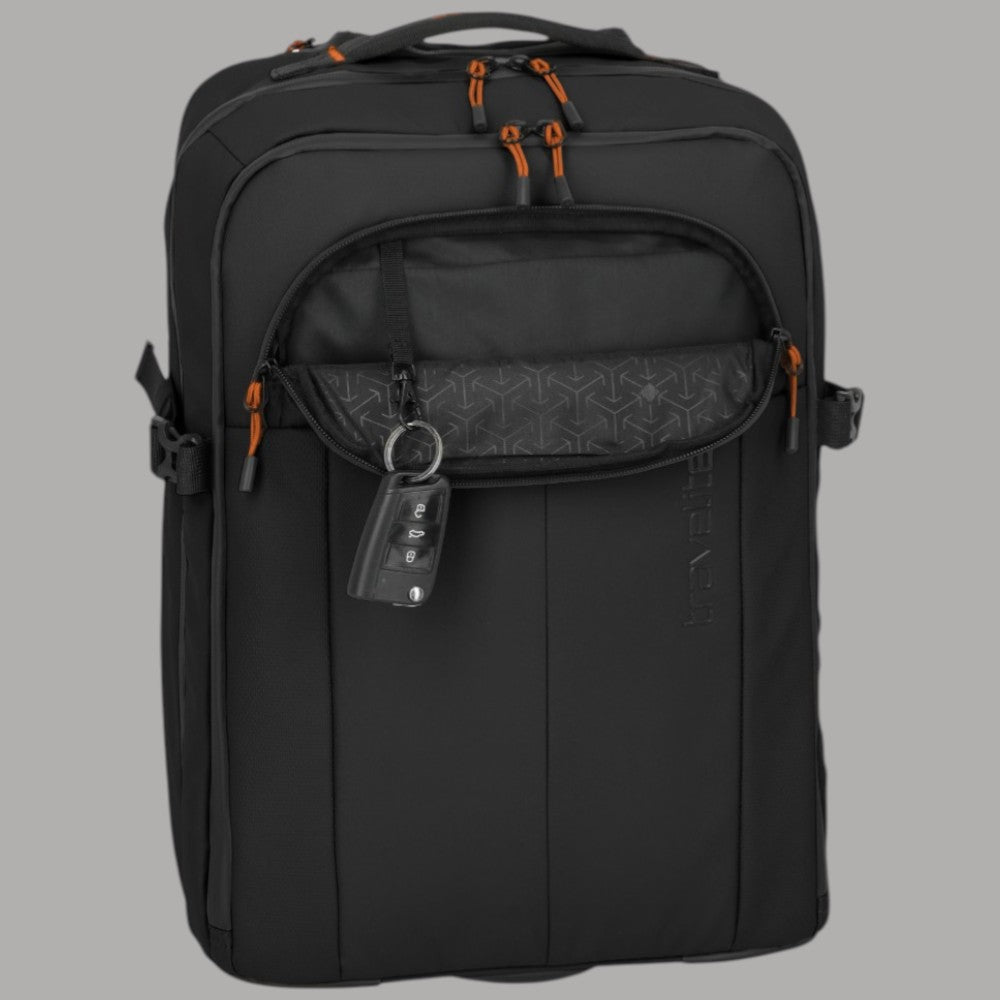 Zaino trolley Travelite BRIIZE nero con tasca frontale e dettagli arancioni.