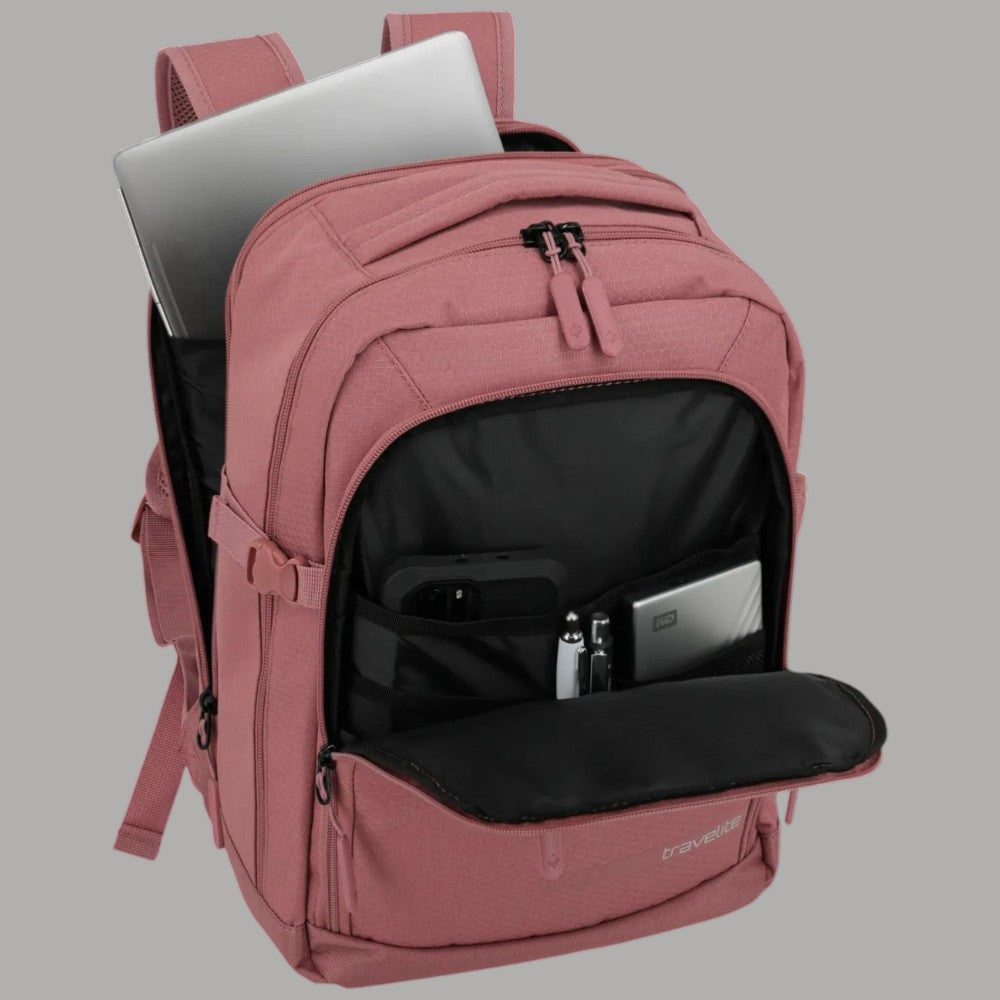 Zaino da cabina Travelite rosa aperto, scomparto interno con organizer e pannello frontale