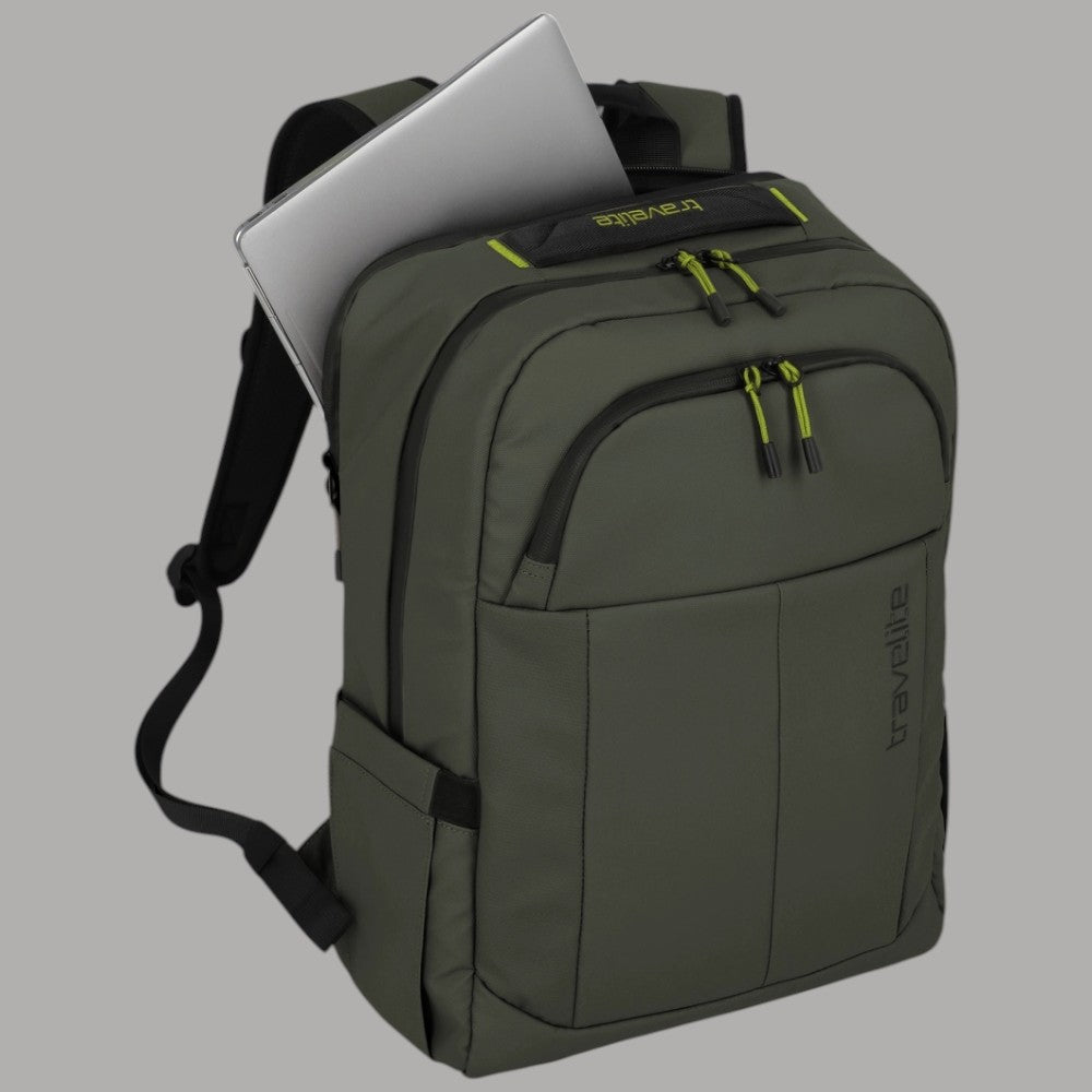 Zaino Travelite Breiize M idrorepellente kaki, scomparto con laptop grigio e cinghie