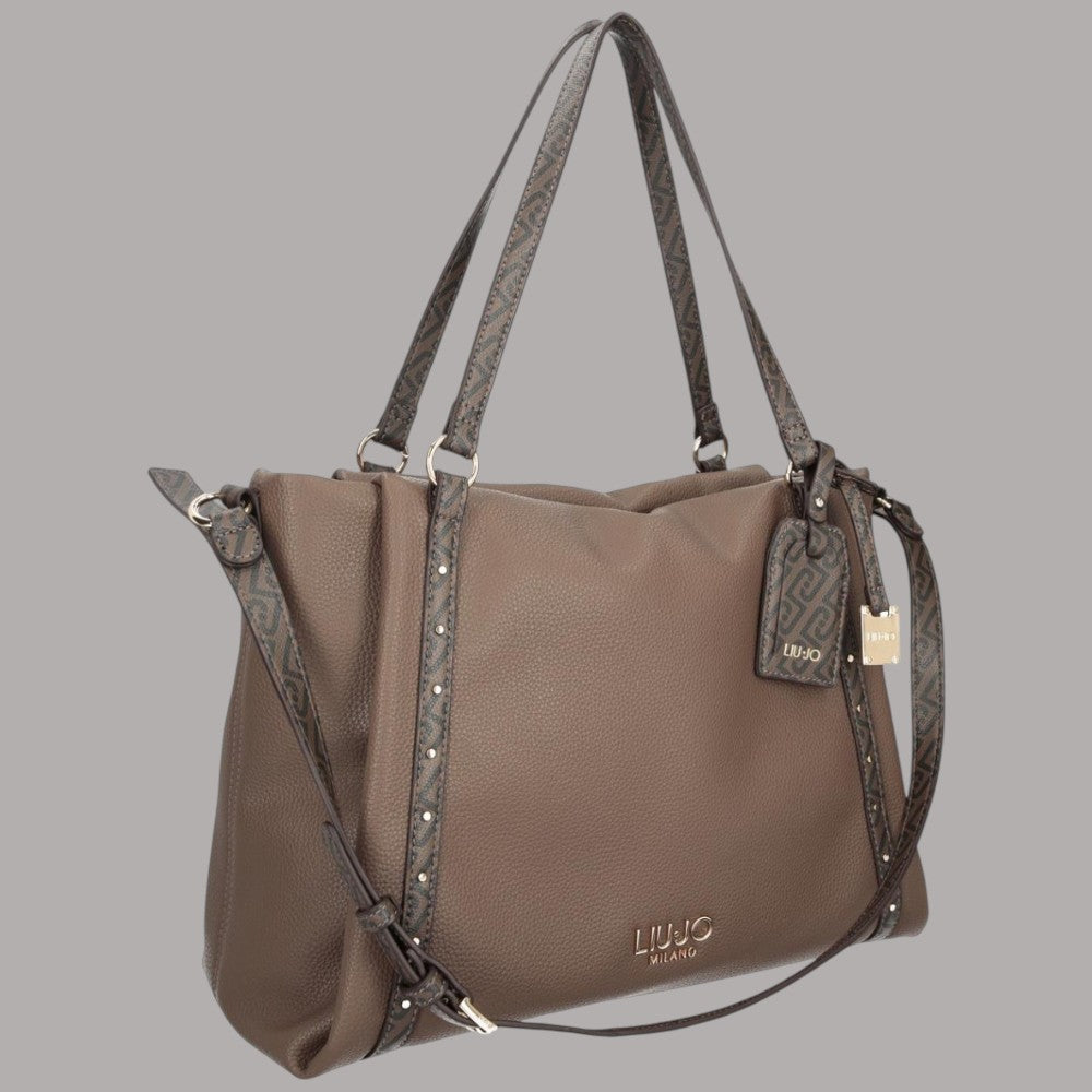 Borsa tote media Liu Jo Ilyana effetto grana taupe con dettagli logo e decorativi