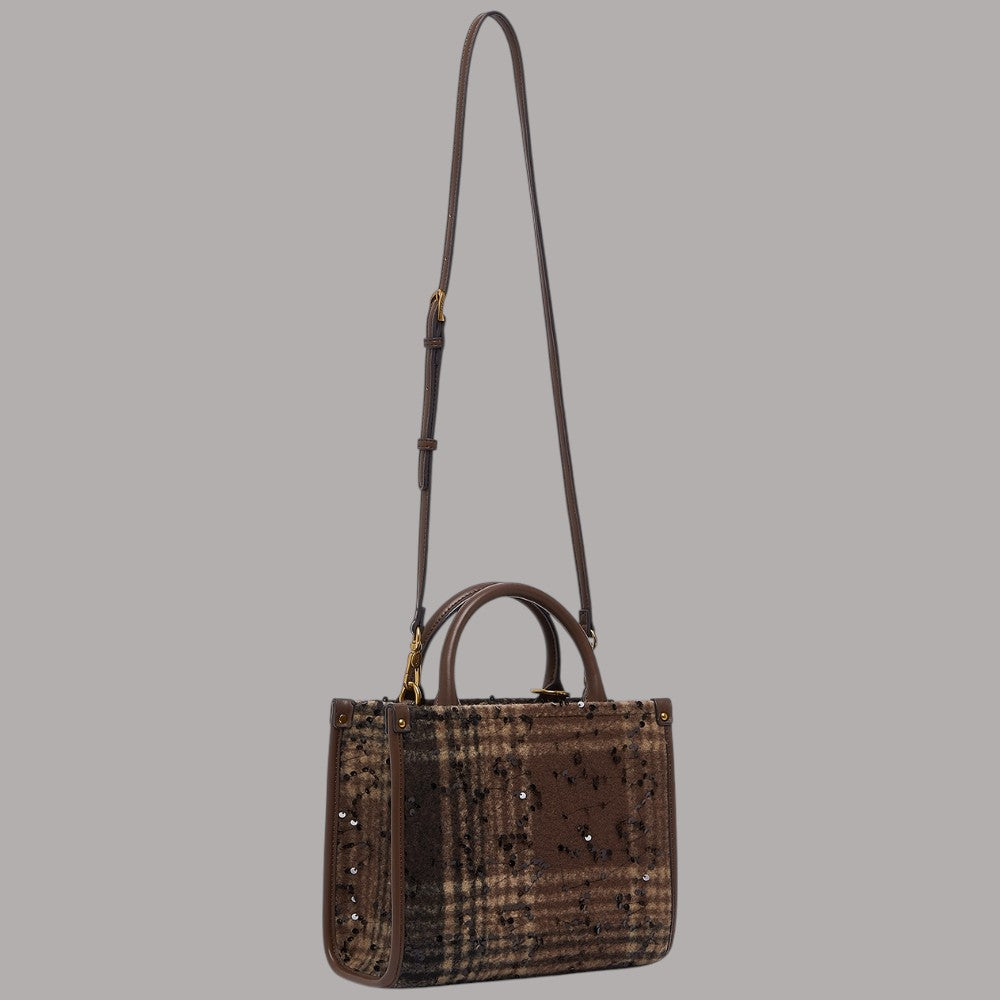 Borsa piccola Liu Jo check in tessuto marrone con dettagli in oro e tracolla regolabile