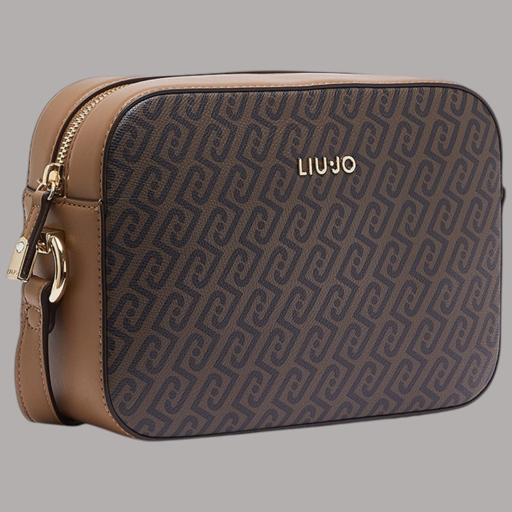 Borsa a tracolla Liu Jo con logo monogram, fantasia marrone e dettaglio dorato