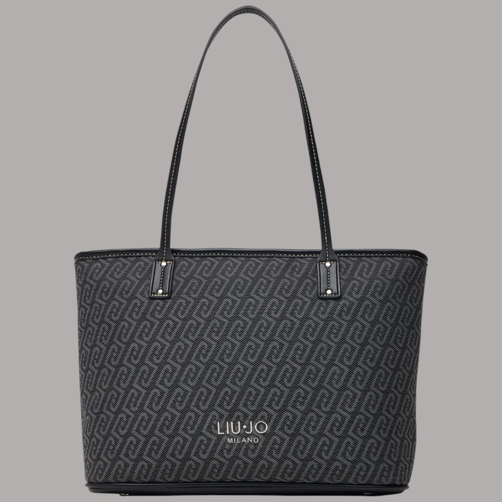 Borsa shopper Liu Jo tote media in tessuto jacquard con logo frontale nero e dettagli in pelle
