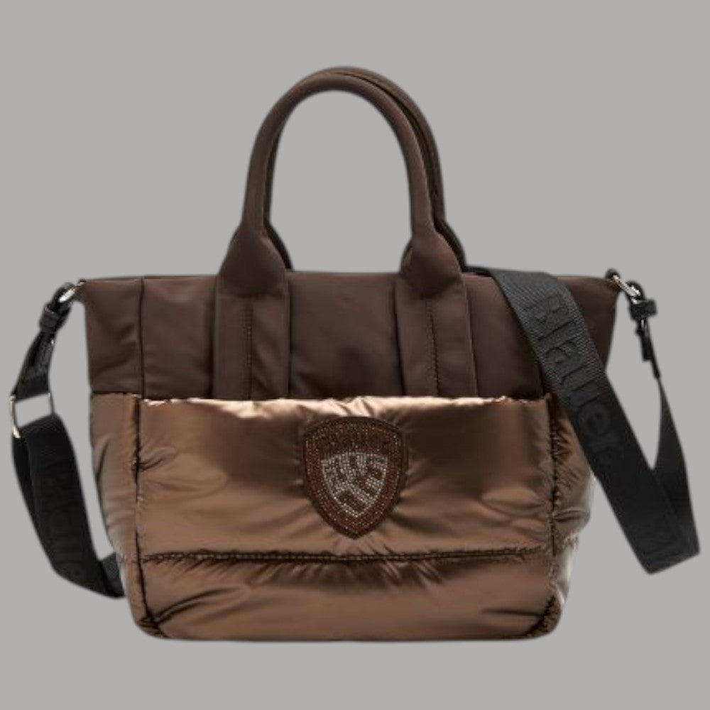 Blauer Borsa shopping marrone in nylon ed eco pelliccia con logo applicato frontalmente