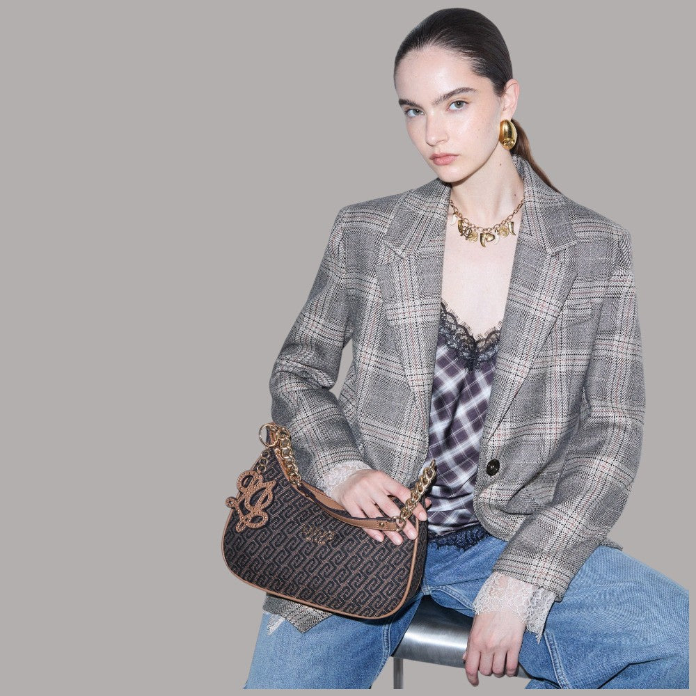 Borsa a spalla Liu Jo in tessuto jacquard con dettagli in pelle e catena dorata
