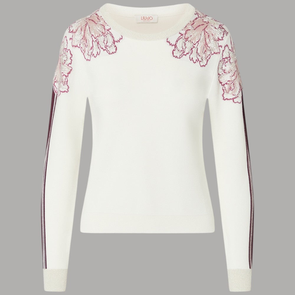 Liu Jo maglia jacquard bianca con dettaglio floreale rosa e dettaglio a strisce sulle maniche