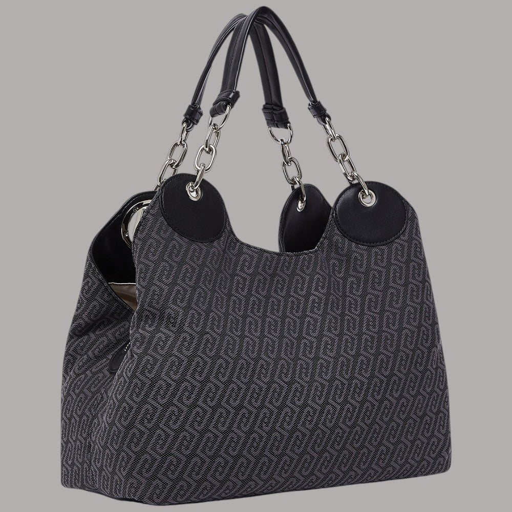 Borsa Liu Jo satchel in tessuto jacquard nero con dettagli in pelle e catena
