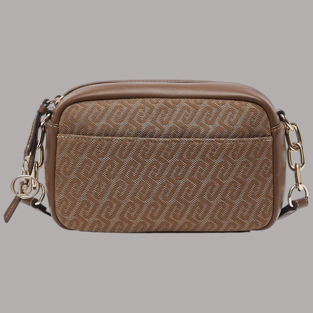 Borsa a tracolla Liu Jo Faiza in tessuto jacquard con dettagli in pelle taupe e zip