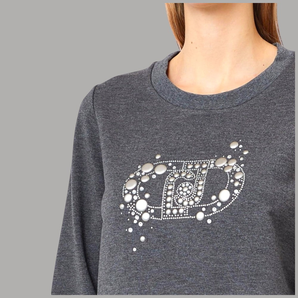 Felpa girocollo grigia con maxi logo Liu Jo decorato con perle e strass