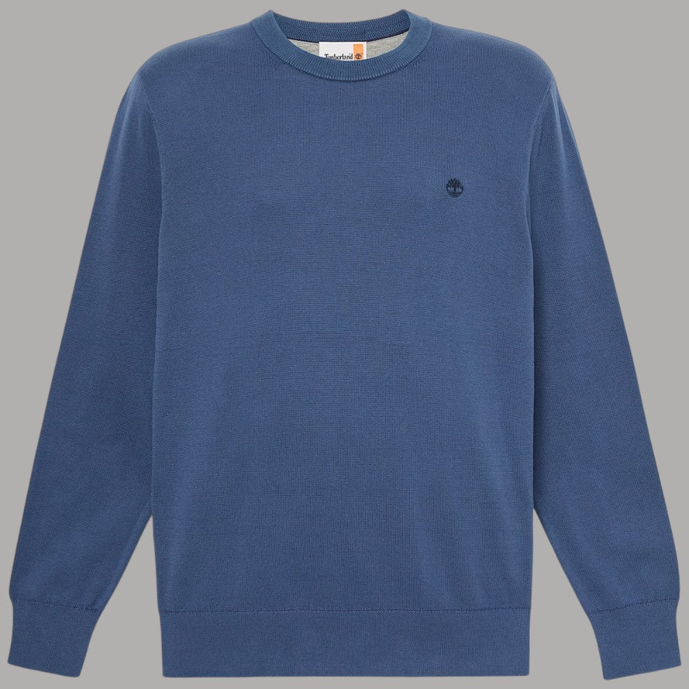 Maglione girocollo blu con logo sul petto e bordo a costine su collo e polsini.