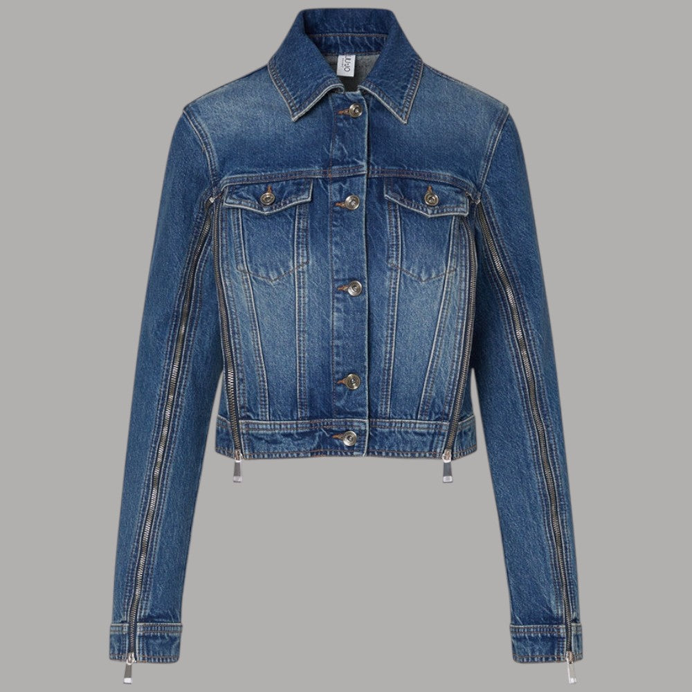 Giubbotto in jeans Liu Jo x Elodie blu con zip decorative e cuciture a contrasto