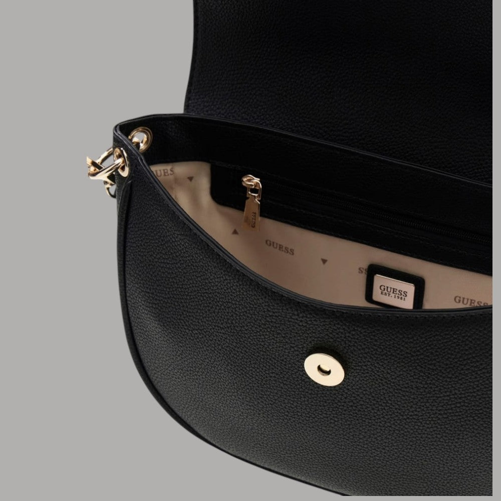Borsa a spalla Guess Camelia nera, interno con tasche e fodera con logo