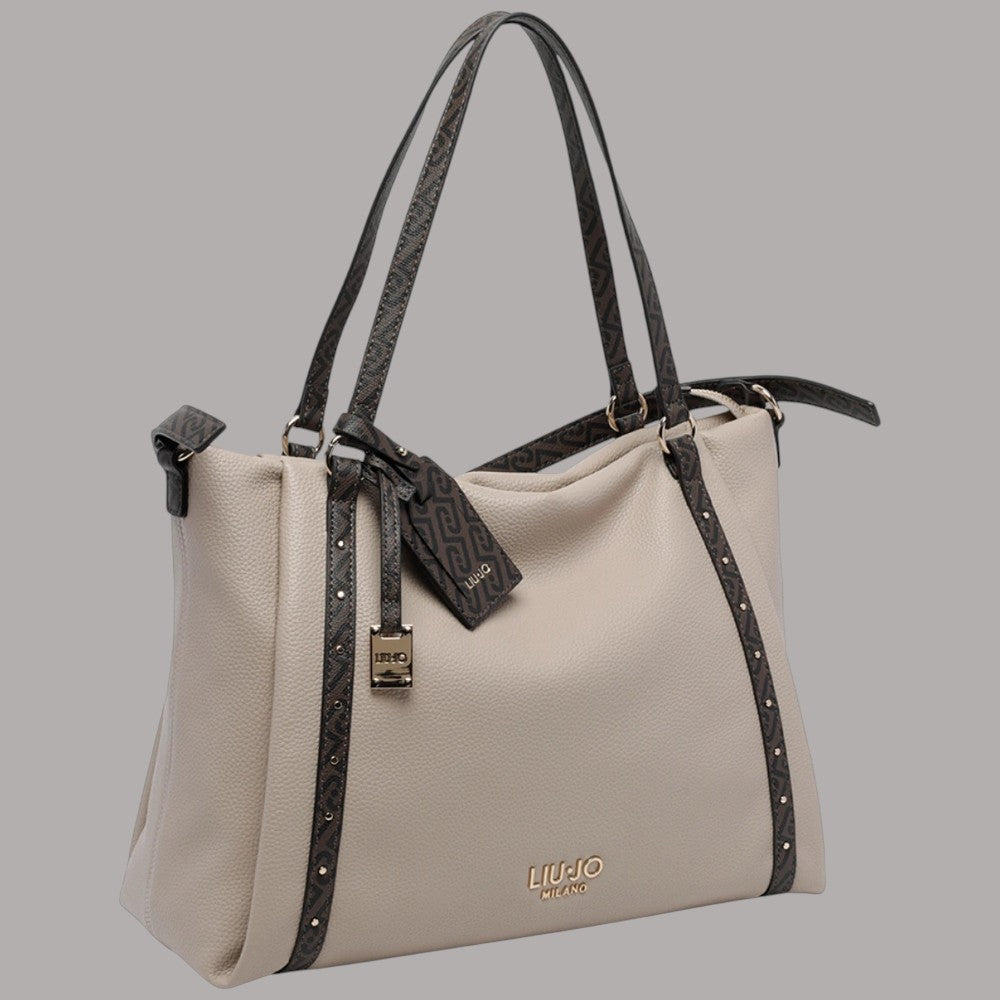 Liu Jo tote bag effetto grana beige con dettagli neri e logo dorato