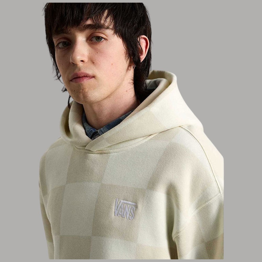 Felpa con cappuccio Vans beige a scacchi, logo sul petto, cappuccio