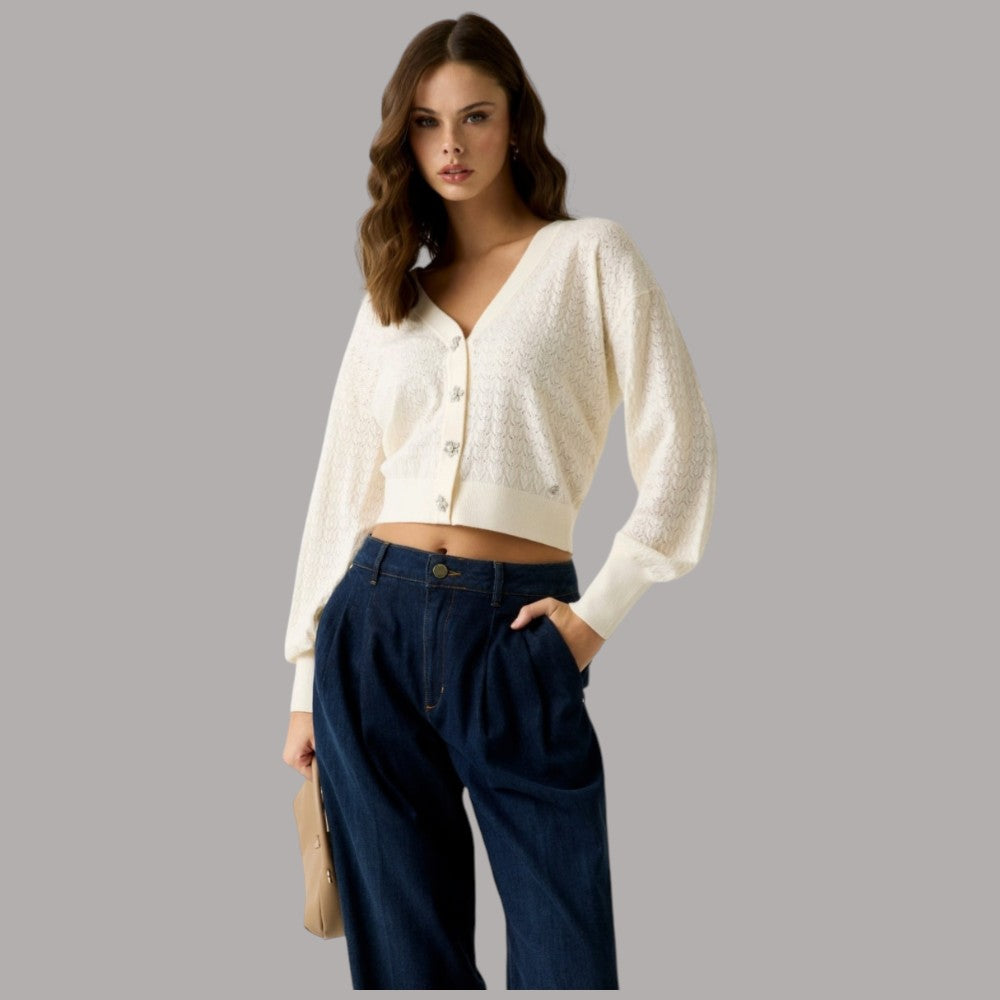 Cardigan Guess Nina lavorato a maglia color panna con bottoni metallici