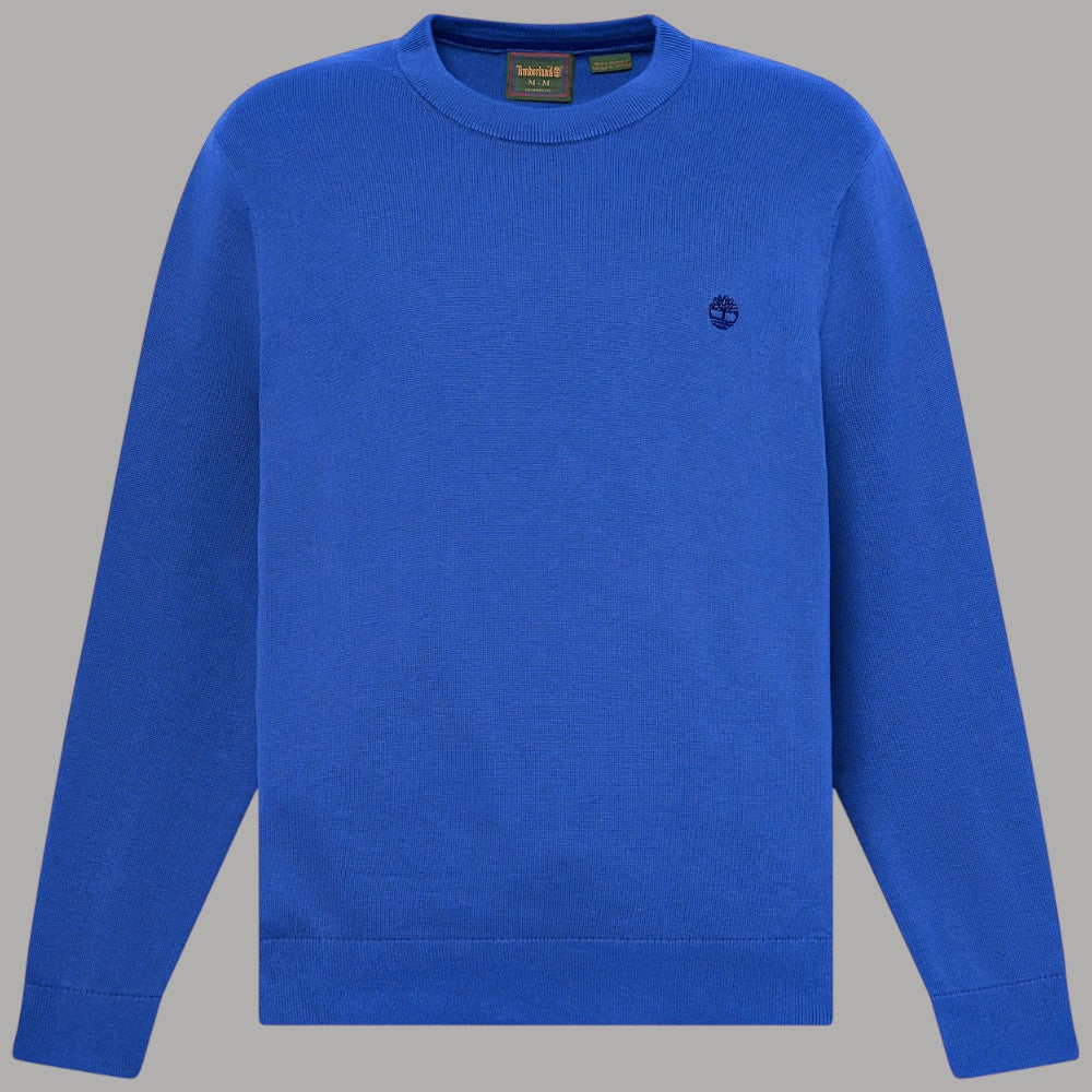 Maglione Timberland bluette a girocollo, con polsini a costine e logo sul petto