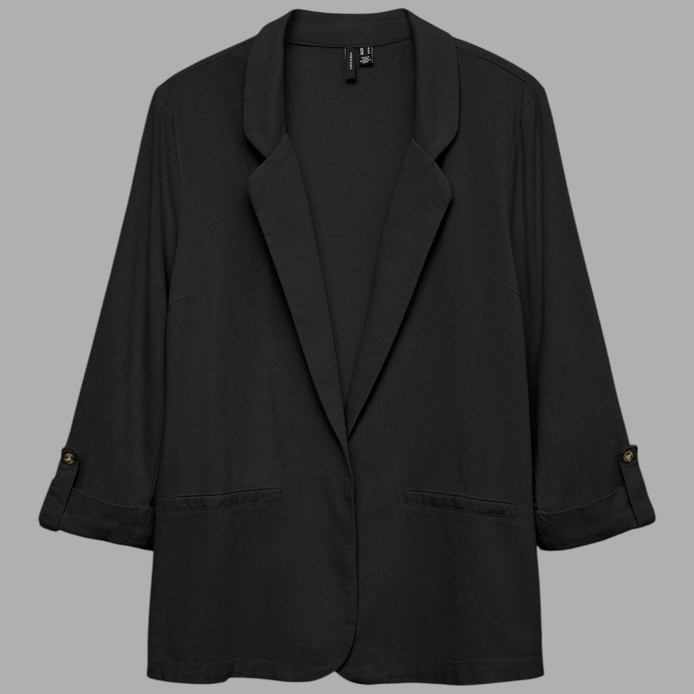Giacca blazer donna nera in lino e viscosa, revers, tasche e bottoni ai polsini
