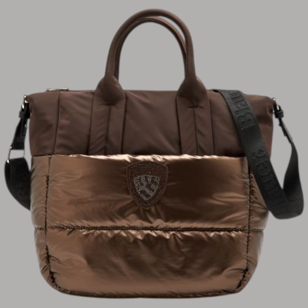Blauer borsa shopping XL marrone con scudetto strass dettaglio tracolla removibile, fantasia lucida.