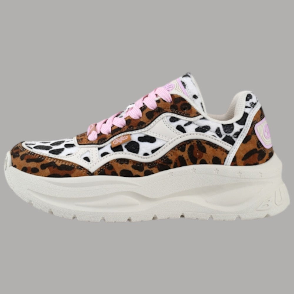 Buffalo sneakers platform animalier con stampa leopardata castano e bianca