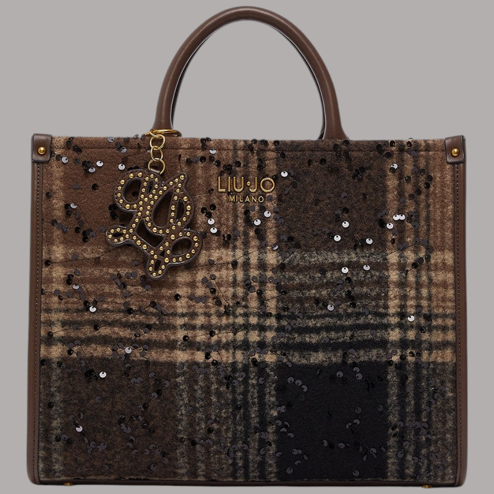 Borsa media Liu Jo in tessuto check con paillettes e dettaglio con charms dorato