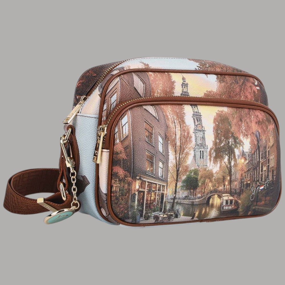 YNot Yes Bag grande con stampa città autunnale e dettagli marroni